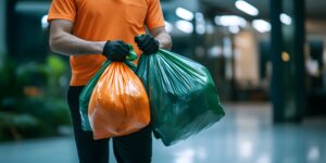 Bild på en människa som håller soppåsar, bevisar vikten av sortering av plast